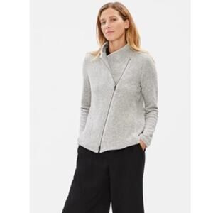 Eileen Fisher Gray Herringbone Moon Organic Cotton Tweed Zip Moto Jacket L